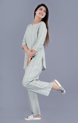 Image of Amazon Brand - Tavasya Women Cotton- Rayon Printed Kurti with Pant Co-Ord Set | Soft Comfortable Straight Fit Ethnic Kurta Set | 3 /4 Sleeves V-Neck Daily, Office & Casual Wear