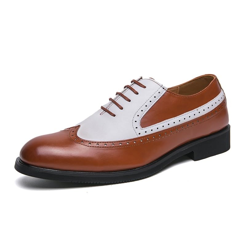 Formal Oxford Shoes for Men Lace Up Round Toe PU Leather Two Tone Wing tip Oxford Shoes Block Heel Rubber Sole Slip Resistant Wedding(Brown,6.5)