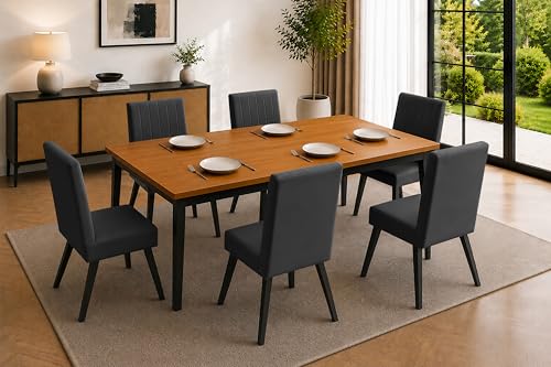 Image of Rosebell 6 Seater Dining Table Set with Cushioned Chairs | Modern Dining Table for Home, Dining Room & Kitchen | Black Metal Legs | Black