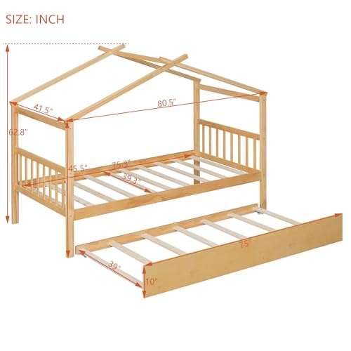 Image of Twin Size Creativity House Bed with Roof Frame and Twin Size Trundle, Montessori Wooden Platform Bed with Sturdy Slats Support for Kids Teens Girls Boys, No Box Spring Needed (Natural-02, Twin)