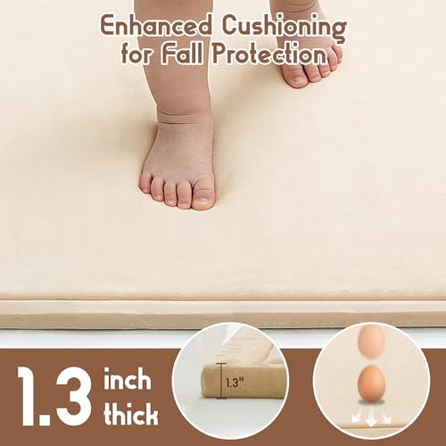 Image of Baby Play Mat for Floor, 1.3 Inch Thick Memory Foam Tummy Time Mat with Non Slip Backing, Soft Coral Velvet 59X79 Inch Playpen Mat Crawling Tatami for Infants Toddlers Kids, Beige
