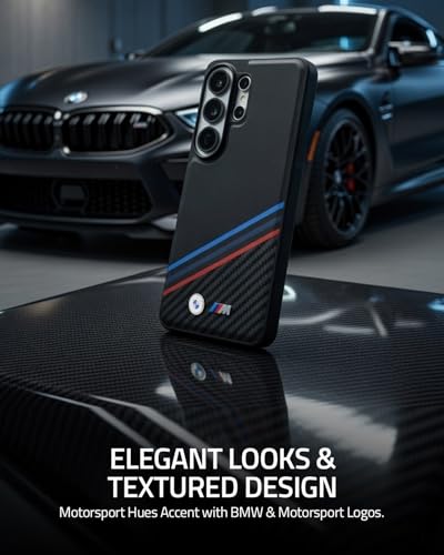 Image of CG MOBILE BMW [Official Licensed], Protective Case Designed for Galaxy S26 Ultra (2026)| Magnetic System PU Leather Texturized Case Tricolor Crossing Stripes & Metal Logos - Black