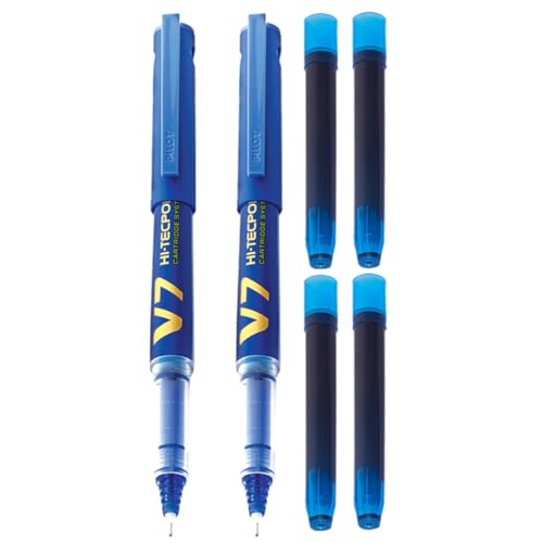 Pilot V7 Hi-tecpoint Roller ball pen with Cartridge System - 2 Blue Pens, 4 cartridges (Image - 1)