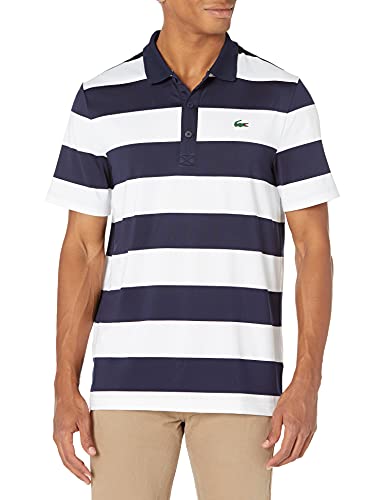 Lacoste Men s Sport Short Sleeve Colorblock Striped Ultra Dry Polo Shirt, Navy Blue White, 4XL