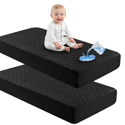 Image of david's kids 2 Pack 52''x28'' Waterproof Crib Mattress Protector Pad Cover Stretch up to 8", Fitted Standard Crib and Toddler Mattresses, Soft and Breathable for Boys Girls, Machine Washable, Black