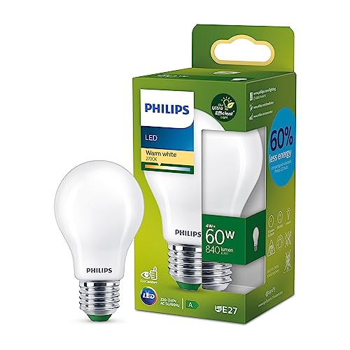 Philips LED Ultra Efficient, Extremt energisnål klassisk ljuskälla, 60W, A60, E27, 2700 kelvin, frostat glas, 50.000 timmar livslängd