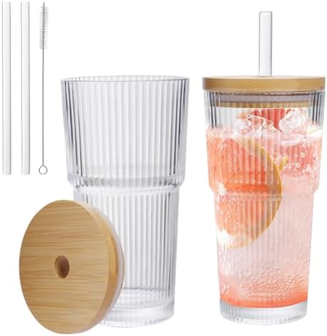 20oz Ribbed Glass Tumbler Set with Bamboo Lids and Straws, 2PCS Vintage Iced Coffee Cups for Beverages, Juice, Beer, Whiskey – Thick Glass with Cleaning Brush
