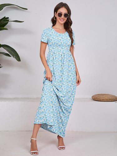 Image of DEARCASE Maxi Dress for Women Short Sleeve Casual Summer Loose Plain Comfy Long Dresses with Pockets