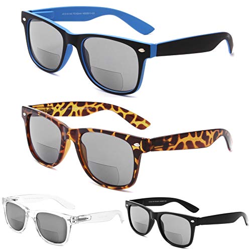 4 Pack Bifocal Sunglasses with Case,Gray Lens Outdoor Sun Readers Fashion Reading Glasses with Spring Hinge for Men and Women
