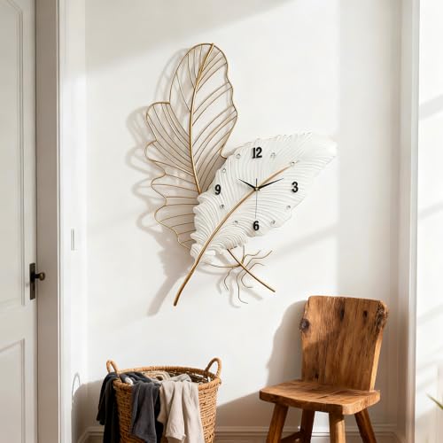 Blissio Horloge Murale Silencieuse,2 Plumes Blanches en Métal,78 x 55 cm