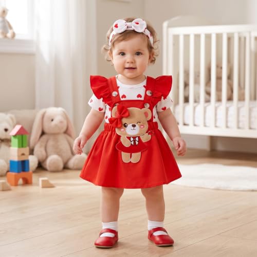 Image of Baby Girl Clothes Summer Outfit Newborn Ruffle Romper Cartoon Suspender Skirt Bow Headband Set 0-18 Months
