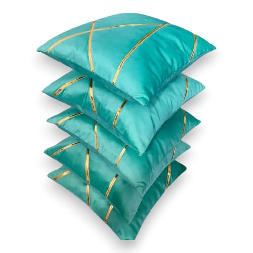 Image of Zikrak Besur Gold Stripe On Velvet|Pack of 5 Cushion Cover|for Home Decoration|Living Room Decor|Hotel Premeuim Quality Cushion Cover|Exclusive ON Amazon (Aqua, 26 x 26 INCH(65 X 65 CM))