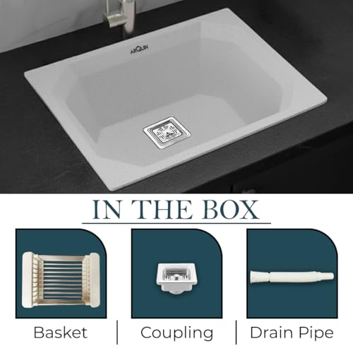 Image of ARQUIN Quartz Kitchen Sink 24x18x9 Inch Sand Pluto | Single Bowl Sink | Durable & Scratch-Resistant | Undermount /Topmount Including Coupling, Waste Pipe & Fruit Washing Basket