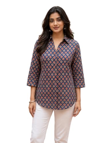 Image of Pure Cotton Long Hemline Shirt for Women Beautiful Printed Collared Neck Casual Western Shirt Top Formal Office Wear