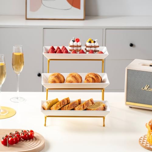 Vencier 3 Tier Serving Platter Set Three Tier Food Dessert & Cake Display Party Food Tray Set (White/Gold) - Image 3
