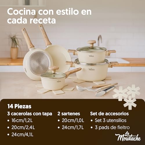 La Moustache - Juego de Ollas y Sartenes + Accesorios【14 Piezas】Aluminio con Antiadherente sin PFOA y PFOS, Espátula, Cucharón, Pinzas, Protectores, Batería para Inducción y Todas las Cocinas (Latte) - imagen 6