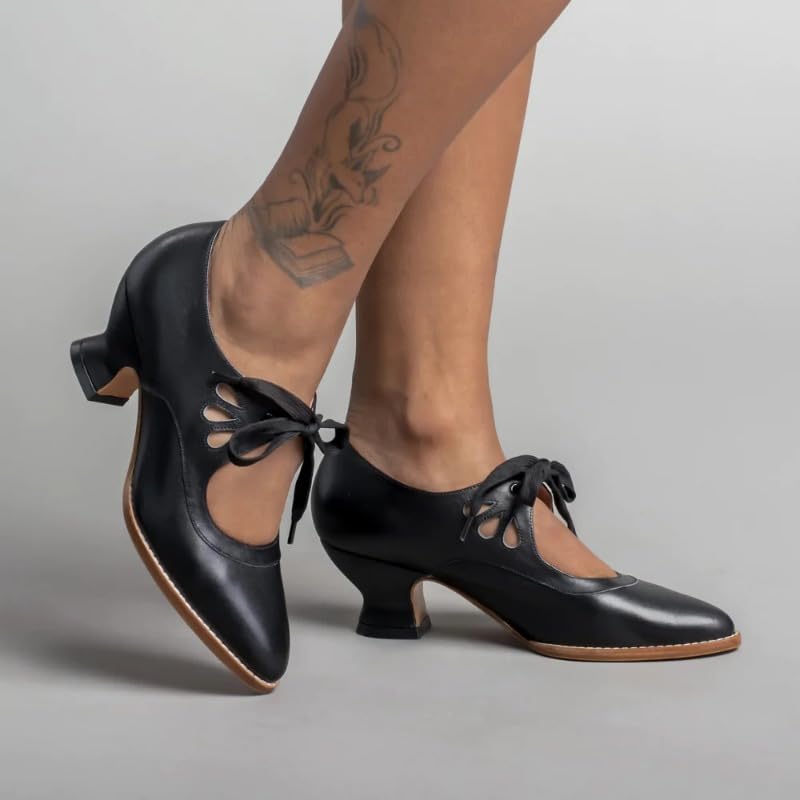 Damen Mary Jane Lace Up Geschlossene Runde Zehe Vintage Heels Gatsby 1950er Pumps 1920er Jahre Viktorianische Retro Schuhe Elegant Und Bequem Tanzschuhe