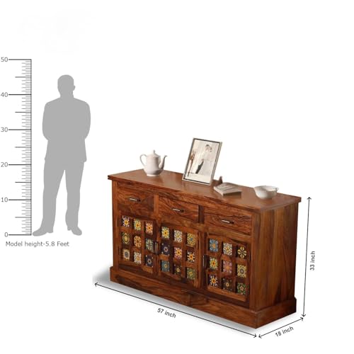 Image of Solid Sheesham Wood Sideboard Cabinet Storage with 3 Door & 3 Drawer Wooden Storage Organizer Cabinet for Home Kitchen Living Room Bedroom Hallway Dinning | Natural Honey Finish | Pre-Assembled