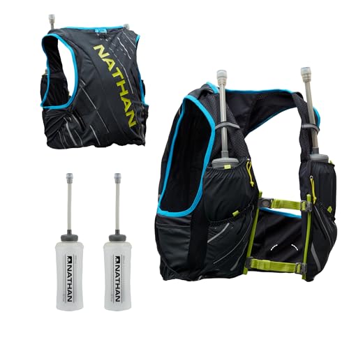 Nathan Men's Pinnacle Race Vest 4L Hydration Pack, Two 20 oz Soft Flasks, Running, Hiking, Water-Resistant, Moisture Wicking, Adjustable Straps