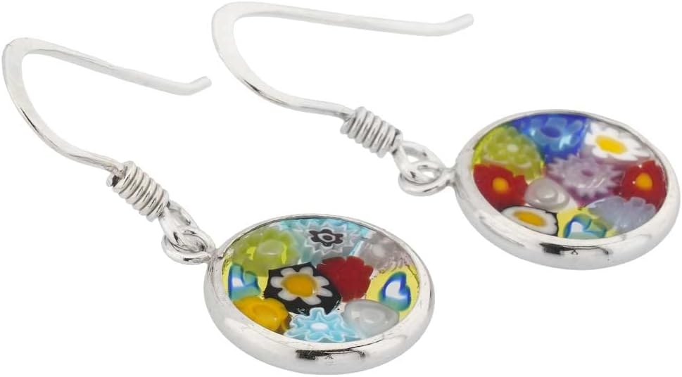 Glass Of Venice Italian Murano Glass Millefiori Round Dangle Earrings "Multicolor" Flowers Small 3/8 inch or 10mm Silver Frame and Hooks - Murano Glass Fashion Earrings For Women