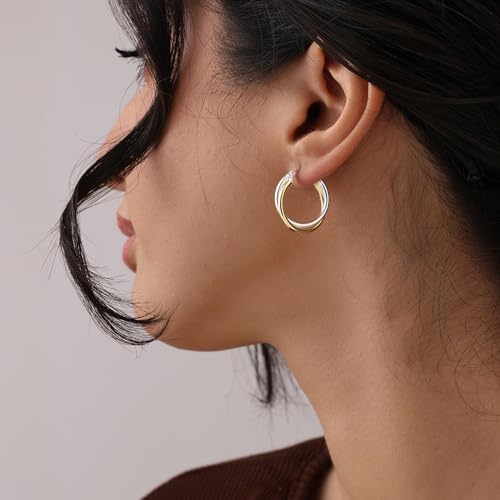 Image of TRUESILVER ACPL 925 Sterling Silver Hoop Earrings for Women | BIS Hallmarked Two-Tone & Three-Tone Intertwined Hoop Earrings | Oval & Round Lightweight Jewelry