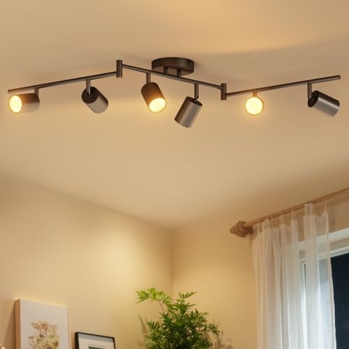 LVWIT Spot Plafond Orientable, Plafonnier 6 Spot LED Noir Givré, Luminaires Intérieur Lustre Cuisine GU10, Métal Rampe (Sans Ampoule)