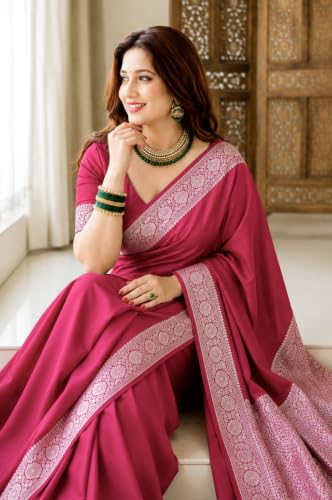 Image of Women's Glory Banarasi Satin Kanjivaram Saree Silver Zari Border Pure Soft Blend Silk Sari Kanchipuram Paithani Silk Party Wedding Festive New Ladies Sadi with Unstiched Blouse Piece. (Pink)