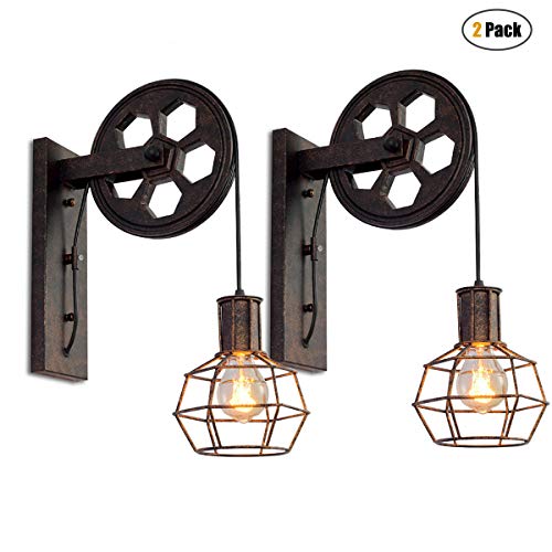 Lot de 2 Appliques Murales Industrielle, iDEGU Éclairage Mural Vintage Poulie Lampe de Mur Luminaire Intérieur pour Bar, Chambre à Coucher, Salon, Restaurant, Café, Couloir - Rouille Noire