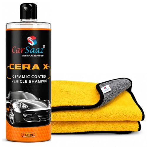 Image of CAR SAAZ Cera X Ceramic Car & Bike Wash Shampoo 1 Litre with Microfiber Cloth 380 GSM | Car Shampoo for CERAMIC Coated Vehicles | pH Neutral, Super Suds, Highly Effective (1000 ml)