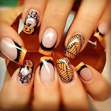 24Pcs Halloween Press on Nails Short Square Fake Nails with Cute Halloween Pumpkin and Spider Web Designs, French Tips Press on Nails Glossy Halloween Acrylic Nails Full Cover False Nail for Women