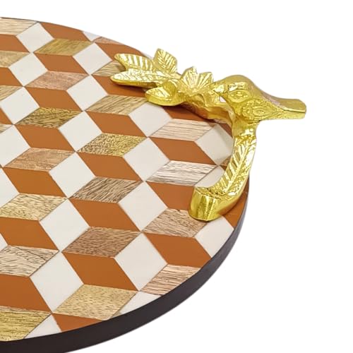 Image of Wooden Circular Round Tray Patch Work Solid Wood with Metal Gold Handle Tray For Kitchen | Heavens Craft | Serving Trays | Wooden Tray | Kitchen & Dining Decorative Tray(Round Orange)