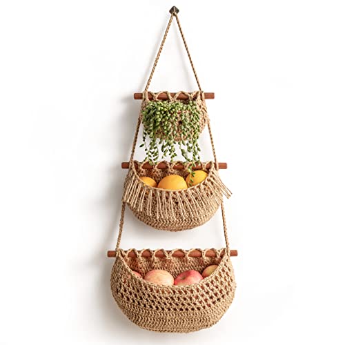 Image of Hanging Fruit Basket, 3 Tier Over the Door Organizer, Handmade Woven Jute Wall Baskets for Organizing, BOHO Decor, Storage for Kitchen, Living & Bathroom Bedroom.