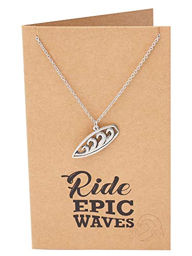 Quan Jewelry Surfboard Necklace, Ocean Waves Pendant Charm, Gifts for Beach Lovers Boho Look, Gifts for Surfer Girl, Silver Tone, Handmade with Inspirational Quote Card2