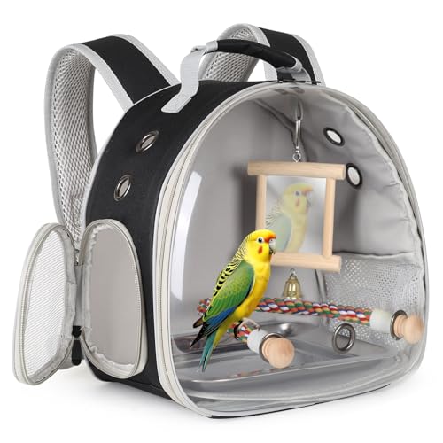 Image of Bird Travel Carrier Bubble Window Backpack with Mirror Parrot Standing Toy,Portable Parrot Cage Backpack with Stand Perch, Pet Travel Bag for Cockatiels,Parrots,Love Bird,Small Birds