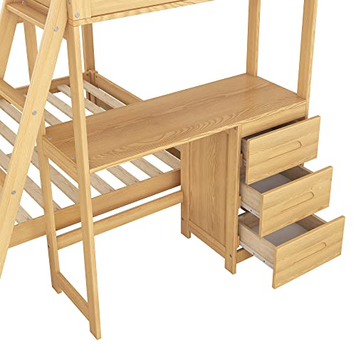 Twin Over Full Bunk Bed With Built-In Desk And 3 Drawers Nightstand, Separate Design Solid Wood Bunk Bed Frame With Inclined Ladder And Safety Guardrail For Kids Teens Aldults (Natural) #TOP5