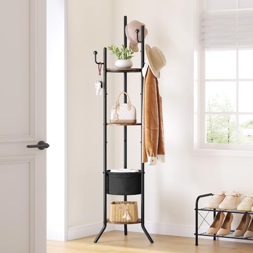 Hoctieon Coat Rack Freestanding, Round Coat Rack with 3 Wooden Shelves and 1 Fabric Basket, Metal Clothes Tree with 5 Hooks, Coat Hanger Stand for Clothes, Hats, Bags, Brown and Black