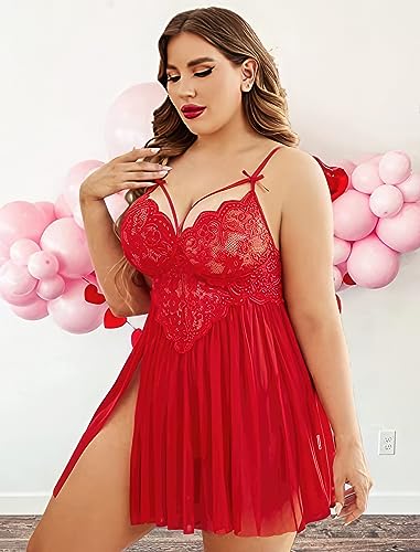 Image of Plus Size Lingerie Lace Babydoll Womens Strap Chemise Nightgown V Neck Nighty Mesh Sleepwear Side Slit Nightdress with G-Sting Panty
