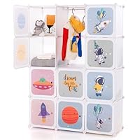 COSTWAY 8/12 Cube Children Clothes Closet, Cartoon Modular Wardrobe with Hanging Sections, Kids Storage Unit for Children Room, Nursery, Bedroom