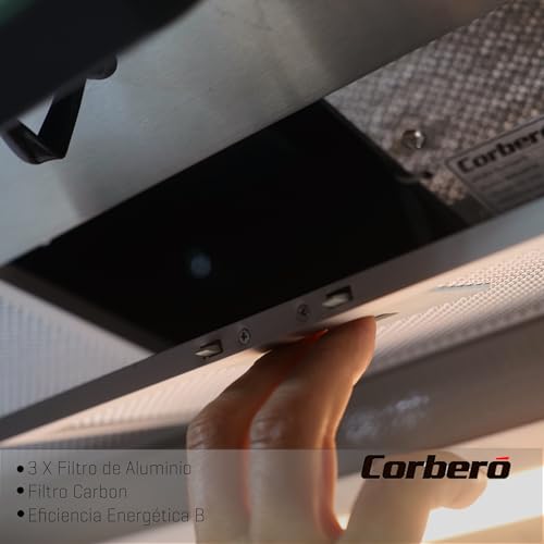 Corbero Filtergruppe 60 cm | Durchflussmenge 750 m³/h | Farbe Edelstahl | 230 W | 3 Geschwindigkeiten | Aluminiumfilter 3 Schichten | Kohlefilter | Energieeffizienz B, Edelstahl