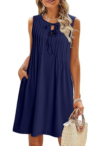 Image of Glamaker Womens Summer Dresses - 2025 Sleeveless Cute Bow Tie Mini Dress Front Pleated Beach Casual Sundresses with Pockets