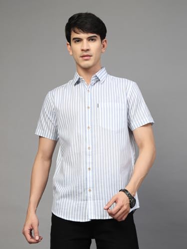Image of Majestic Man Men's Pure Cotton Striped Half Sleeve Regular Fit Shirt