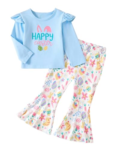Image of Easter Outfit Toddler Girl Bunny Print Short Sleeve Tee Shirt Cute Flare Pants Easter Outfits for Girls 2-6T