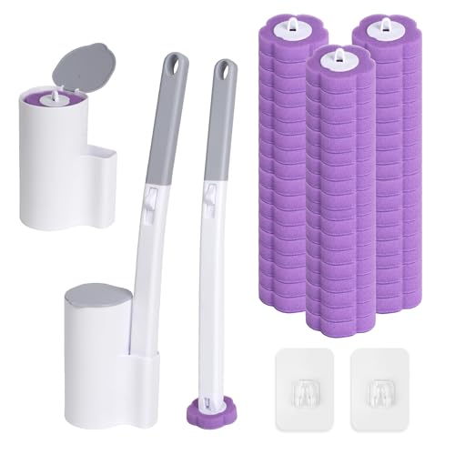 Brosse WC jetable, Lot de 2 avec Manche Extensible et Support, avec 54 recharges nettoyantes pour lavabos, baignoires et piscines (Violet)