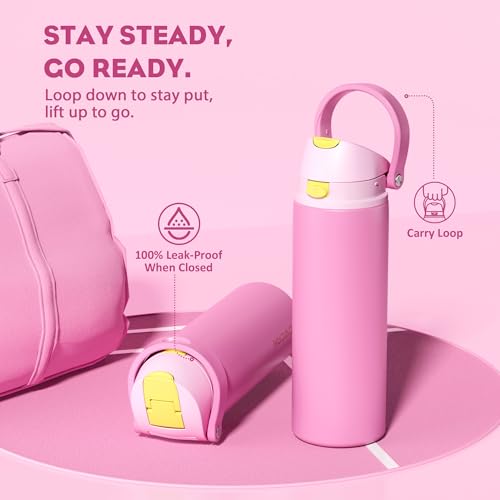 POWCAN 24 oz Steel Water Bottle: 2-in-1 Push-Button Spout & Quick-Flip Straw, Leakproof, Cold 24Hrs, Fits Car Cup Holder, Insulated Cup for Sports, Travel, School, Gift for Women, Girls (Rose Slumber) - image 4