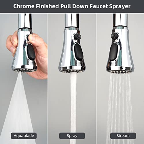 Hibbent Pull Down Spray Head For Kitchen Faucet, 3-Function Kitchen Sink Spray Nozzle With 10 Adapters, Faucet Head Replacement Compatible With Moen, American Standard, Delta, Kohler Faucets, Chrome #TOP1