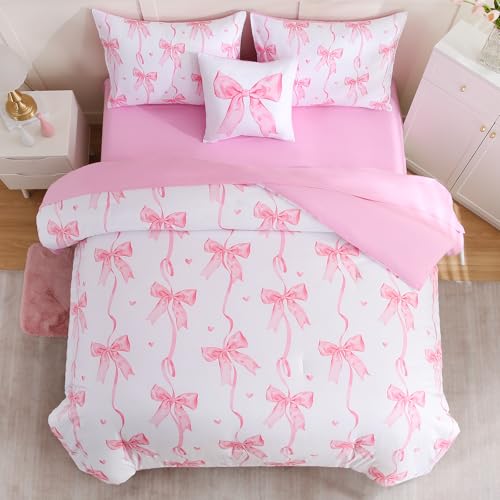 Image of DORCAS Bow Full Size Comforter Set for Girls,6 Pieces Bed in A Bag Pink Bow Bedding Sets with Sheets for Kids
