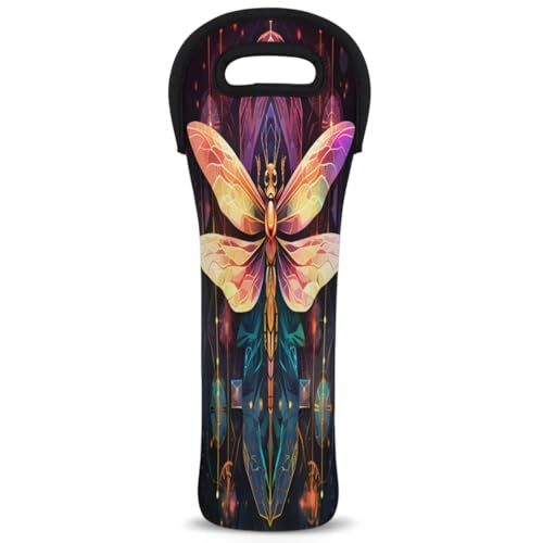 Dragonfly Cartoon Single Bottle Wine Bag Insulated Neoprene Wine Bottle Bag Travel Tote with Handles Wine Gifts Carrier for Wedding Picnic Parties