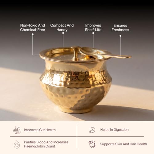 Image of P-TAL Handcrafted Brass Ghee Pot with Kalai Coating, 500ml, Wide Mouth, with Lid and Spoon, Traditional Storage Jar