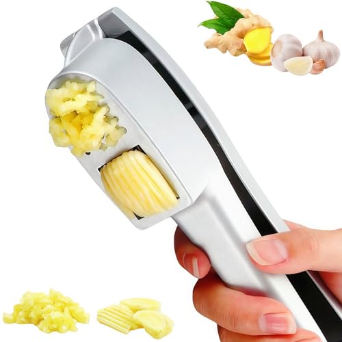 Image of Professional 2 in 1 Garlic Press & Slicer,Multifunctional Garlic Mincer Tool with Ergonomic Handle,Effortlessly Crush,Slice and Mince Garlic,Rust-Proof,Easy to Squeeze and Clean,Dishwasher Safe