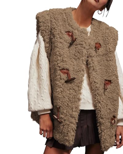 Locachy Women's Casual Faux Fur Vest Warm Toggle Closures Sleeveless Outerwear Vest